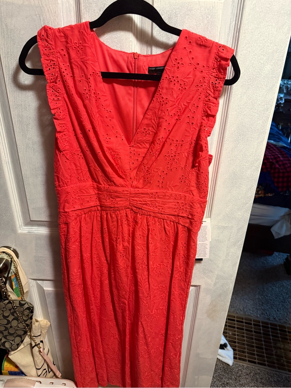 Maggy London Coral Eyelet V-Neck Midi Dress
